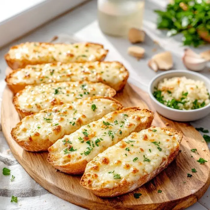 Cheese bread topped with garlic and parsley, displayed on a rustic wooden cutting board.
