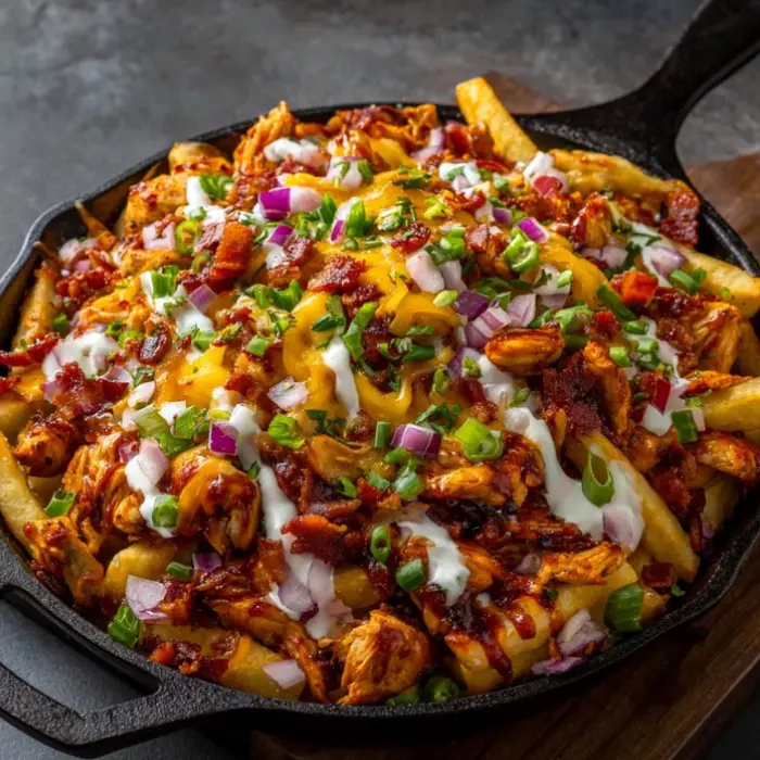 Loaded fries topped with grilled chicken, melted cheese, fresh onions, and herbs served in a skillet