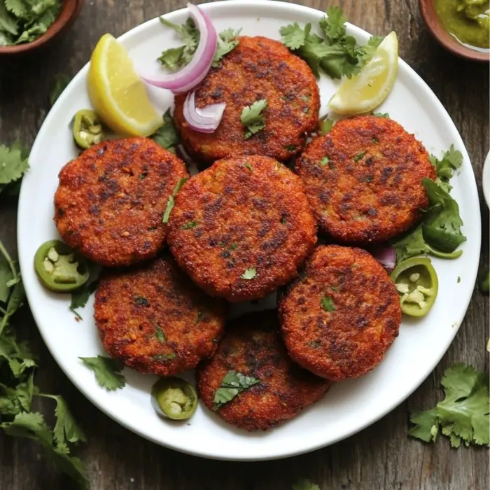 Crispy homemade cutlets served on a plate with lemon wedges, onion slices, and green chutney