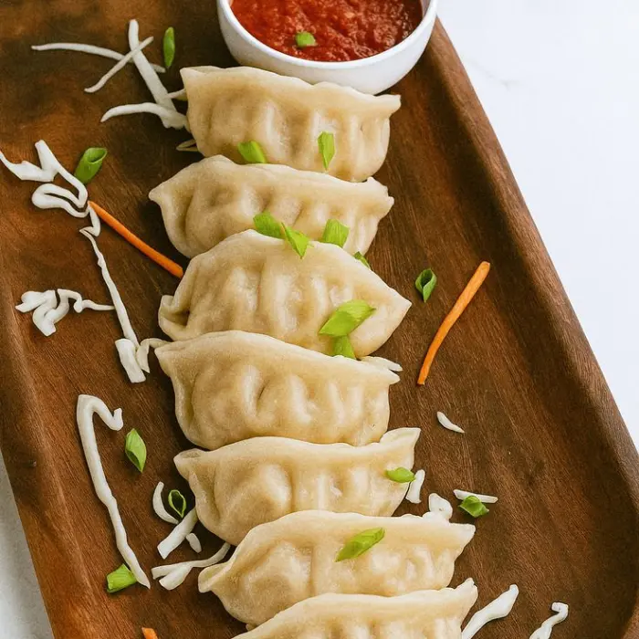 Steamed momos (dumplings) served on a wooden tray with red chutney and fresh vegetables