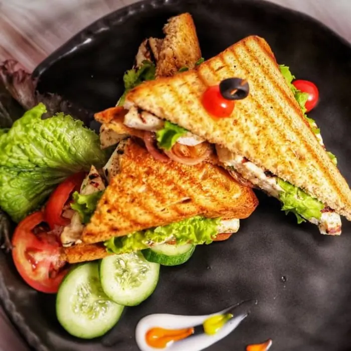 A plate featuring a grilled sandwich alongside a fresh salad, showcasing vibrant greens and colorful vegetables.