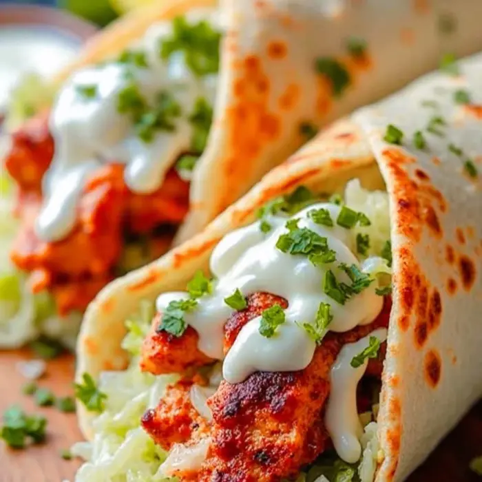 Grilled chicken wraps filled with fresh veggies and creamy sauce, served warm