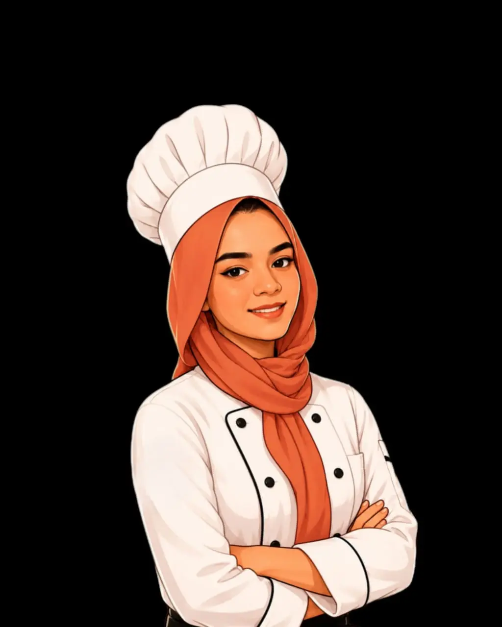 Cartoon chef girl with hijab and chef hat smiling confidently