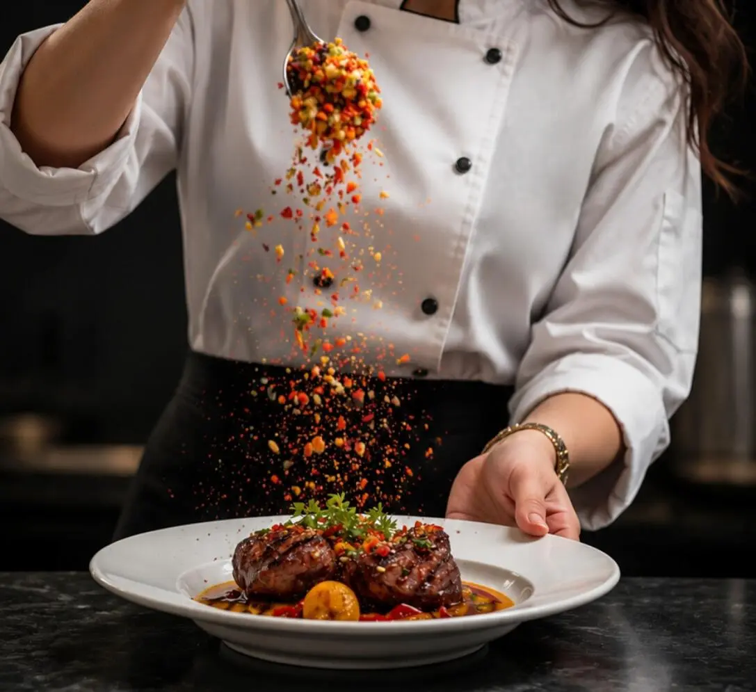 Chef garnishing a gourmet dish with colorful spices in a modern kitchen