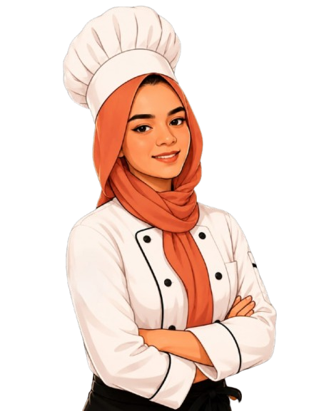 Cartoon chef girl with hijab and chef hat smiling confidently