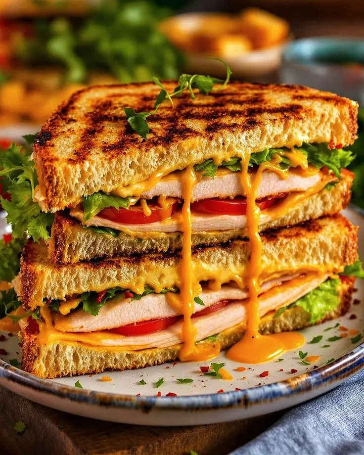 Crispy grilled chicken sandwich with melted cheese, fresh vegetables, and toasted bread served hot as an evening snack
