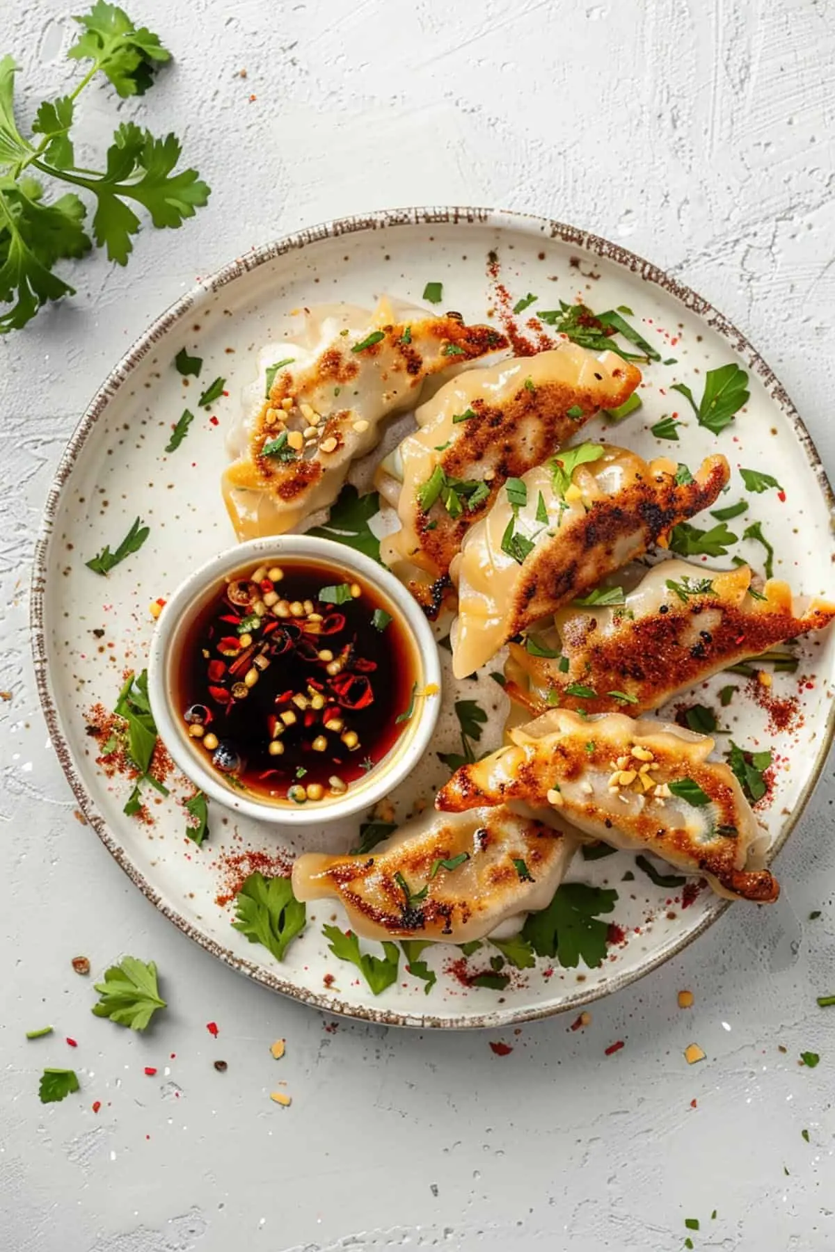 Crispy pan-fried momos served on a plate with spicy chili dip, garnished with herbs and chili flakes