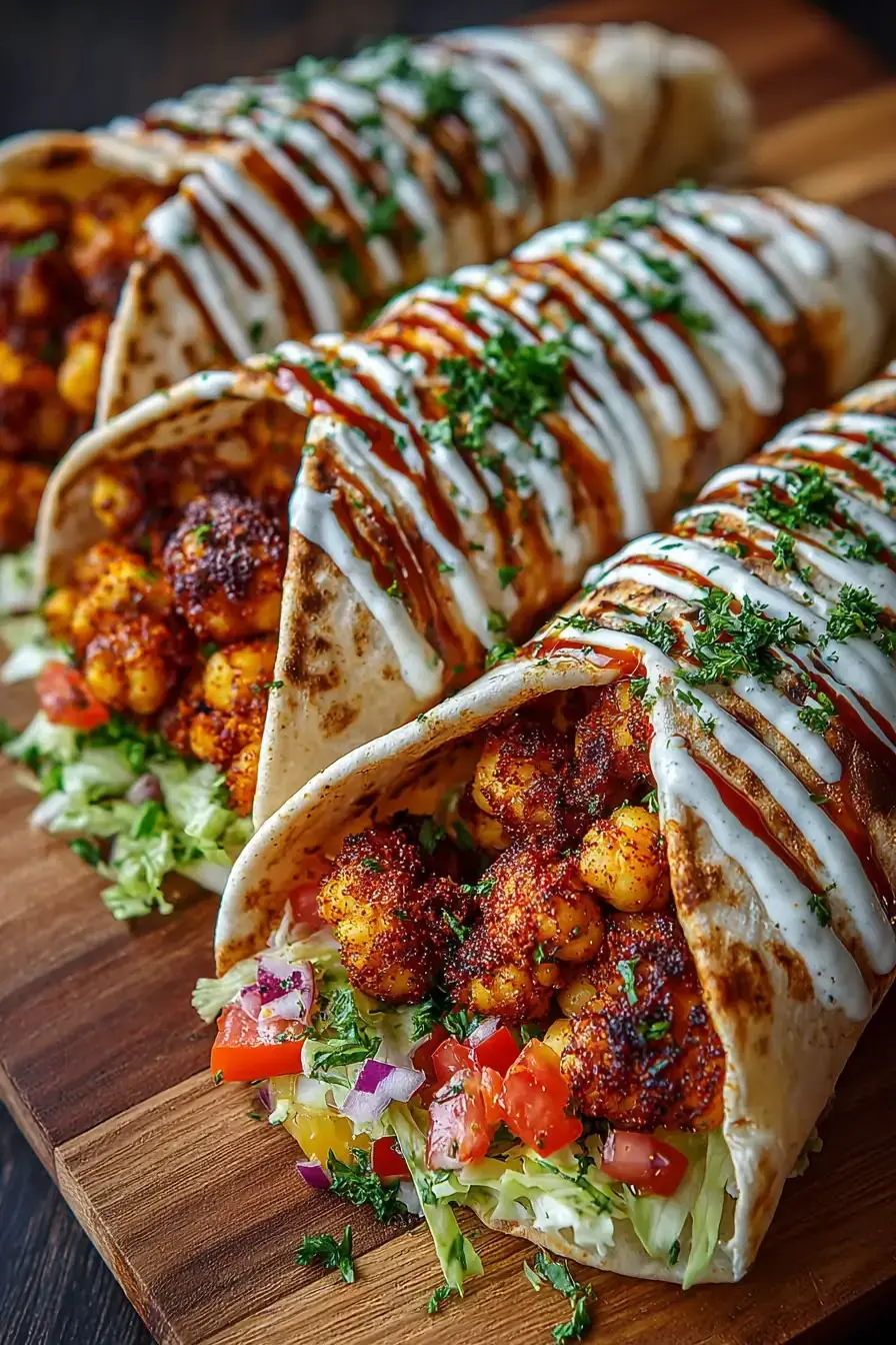 Delicious chicken wrap filled with grilled chicken, vegetables, and topped with creamy sauce on wooden board